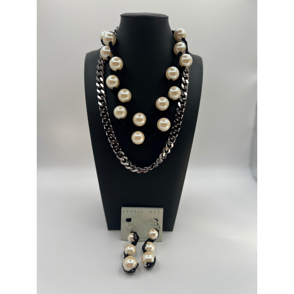 Lydell NYC Faux Pearl Lace Gunmetal Chain Necklace and Earring Set Women Black